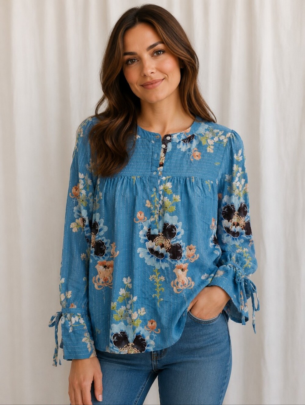 Loft Bohemian Blue Floral Gold Thread Tie-Sleeve Peasant Blouse- Size: M